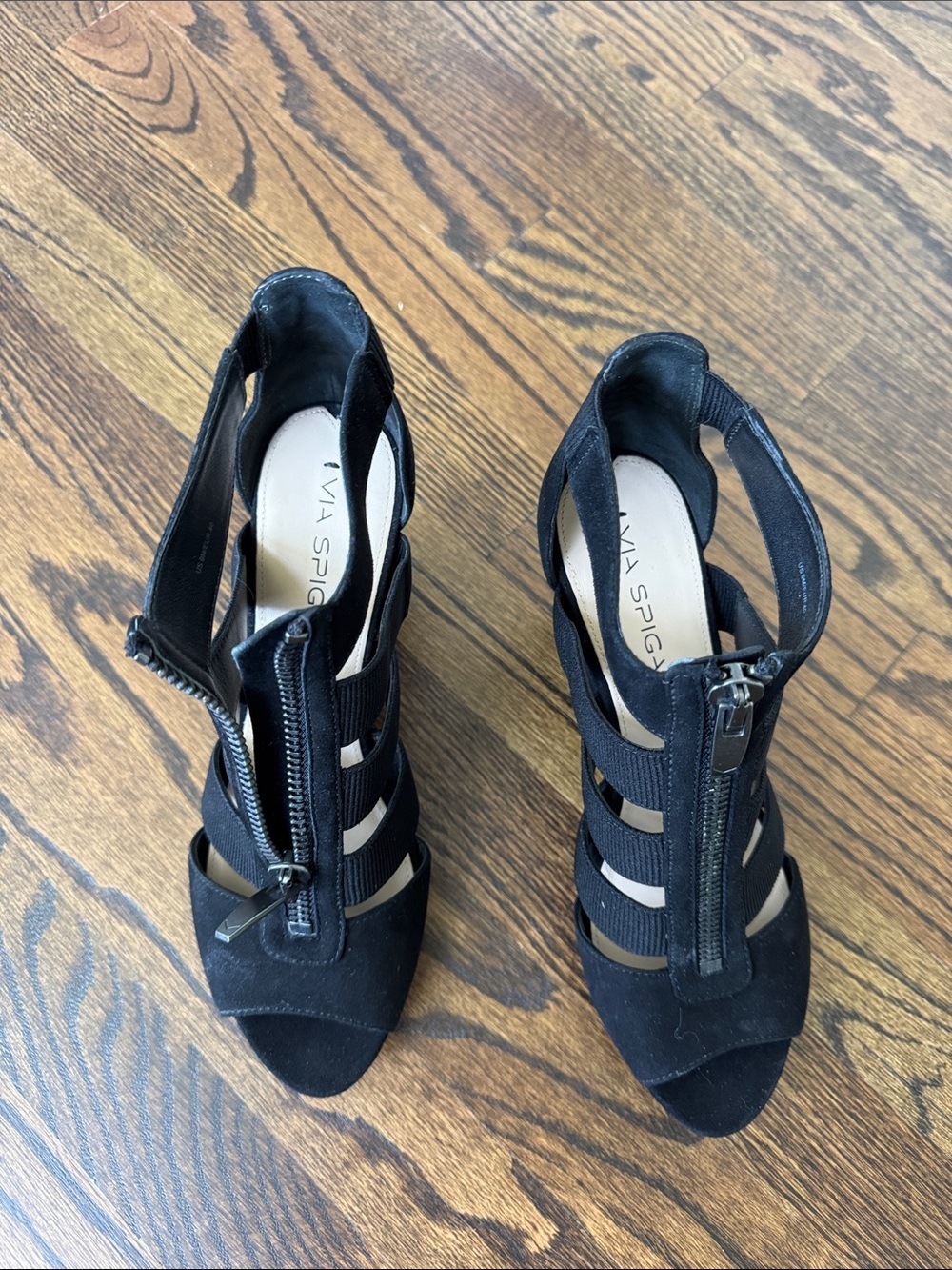 New without tags/ box Via Spiga Black Strappy Front-Zip Open-Toe Heels size 40